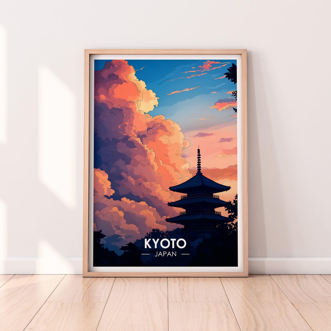 Kyoto Japan Pagoda Silhouette Vivid Sunset Dramatic Sky Poster