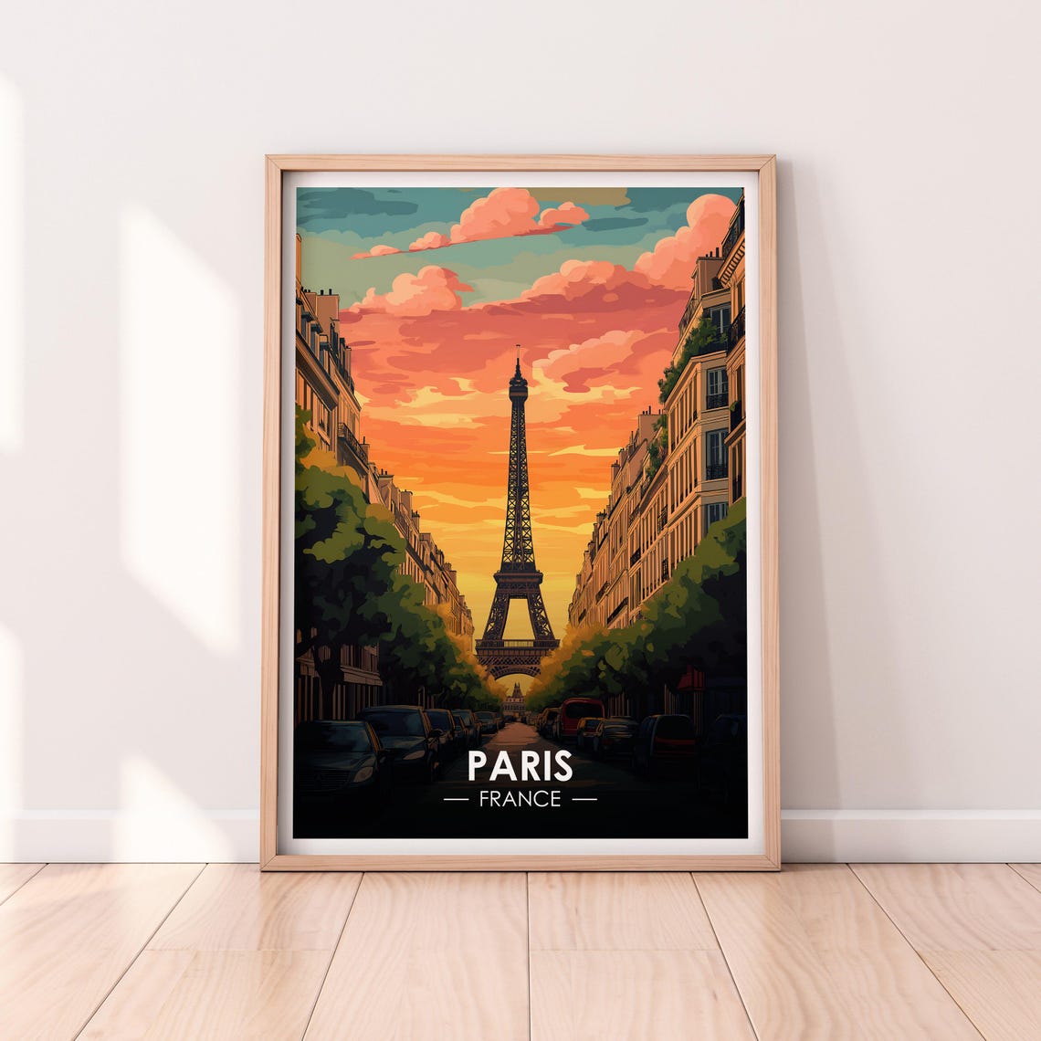 Paris France Eiffel Tower Golden Sunset Street Vintage Travel Poster