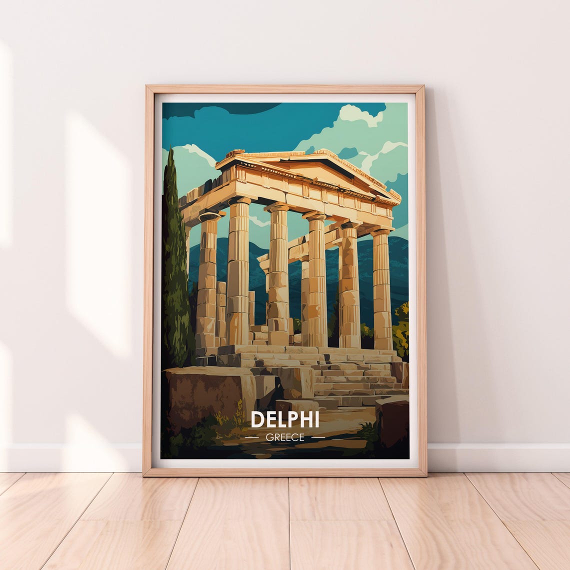 Delphi Greece Ancient Temple Columns And Cypress Travel Poster