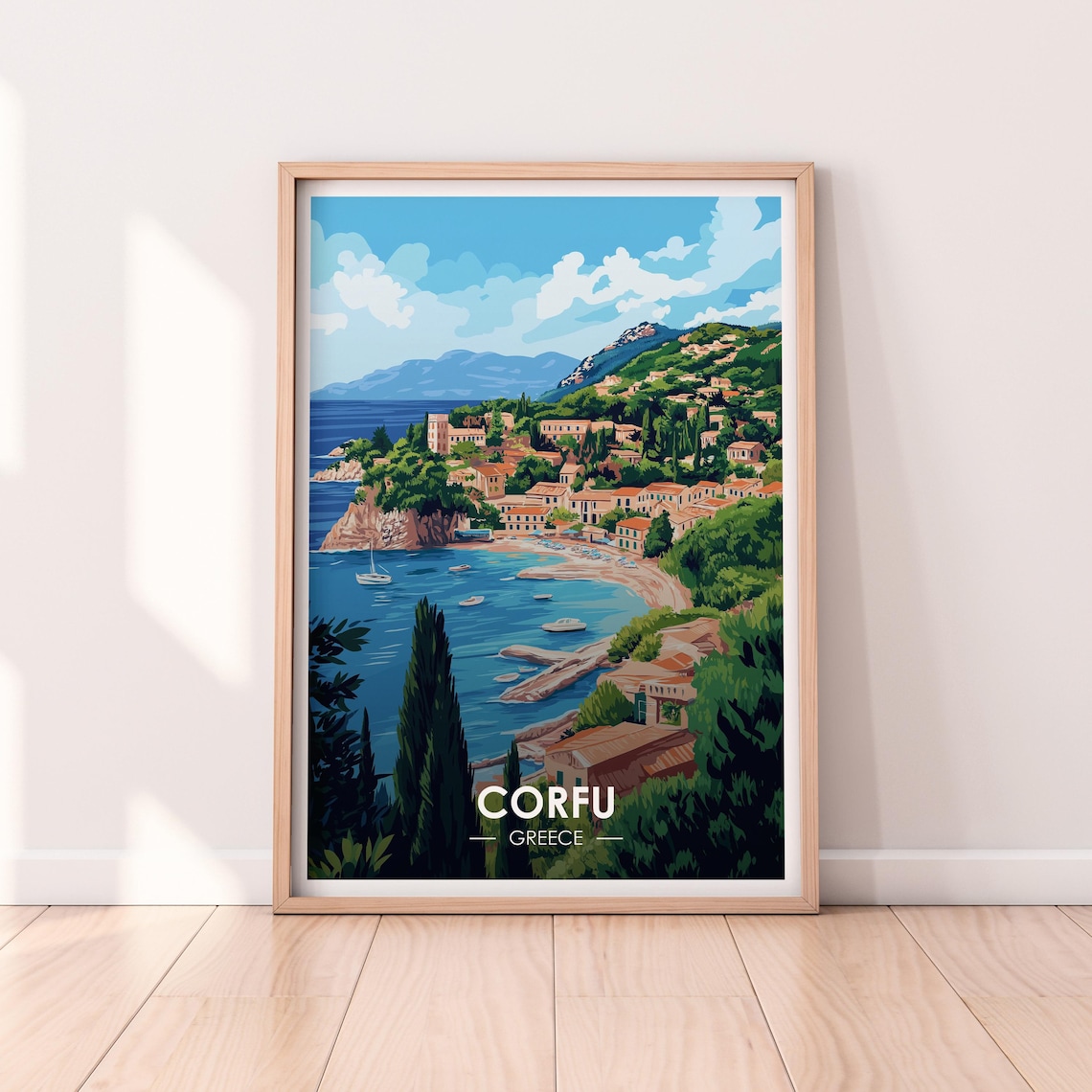 Corfu Greece Island Coastal Town Bay Beach Vintage Travel Poster