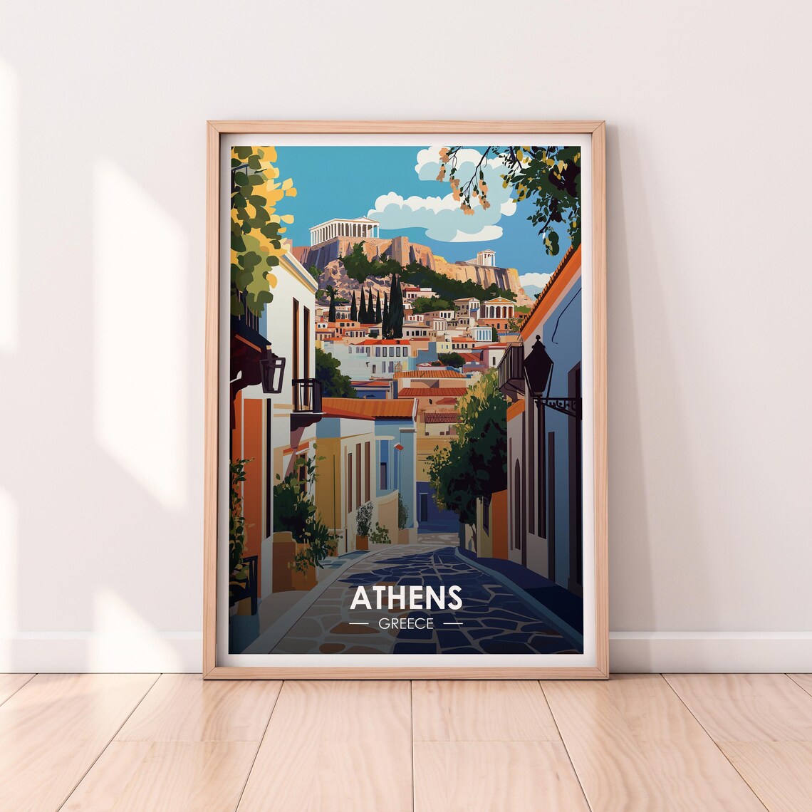 Athens Greece Acropolis Old Town Cobblestone Street Travel Poster