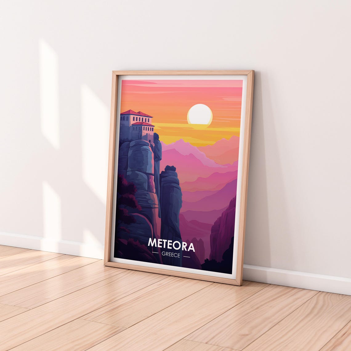 Meteora Greece Sunset Monastery On Rocky Pinnacle Travel Poster - Image 2