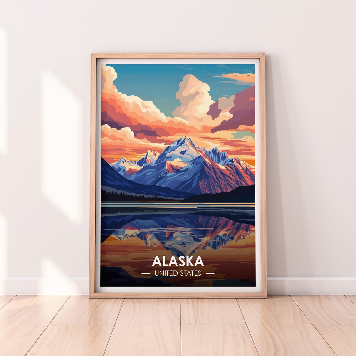 Alaska Mountain Peak Lake Reflection Sunset Glow Travel Poster