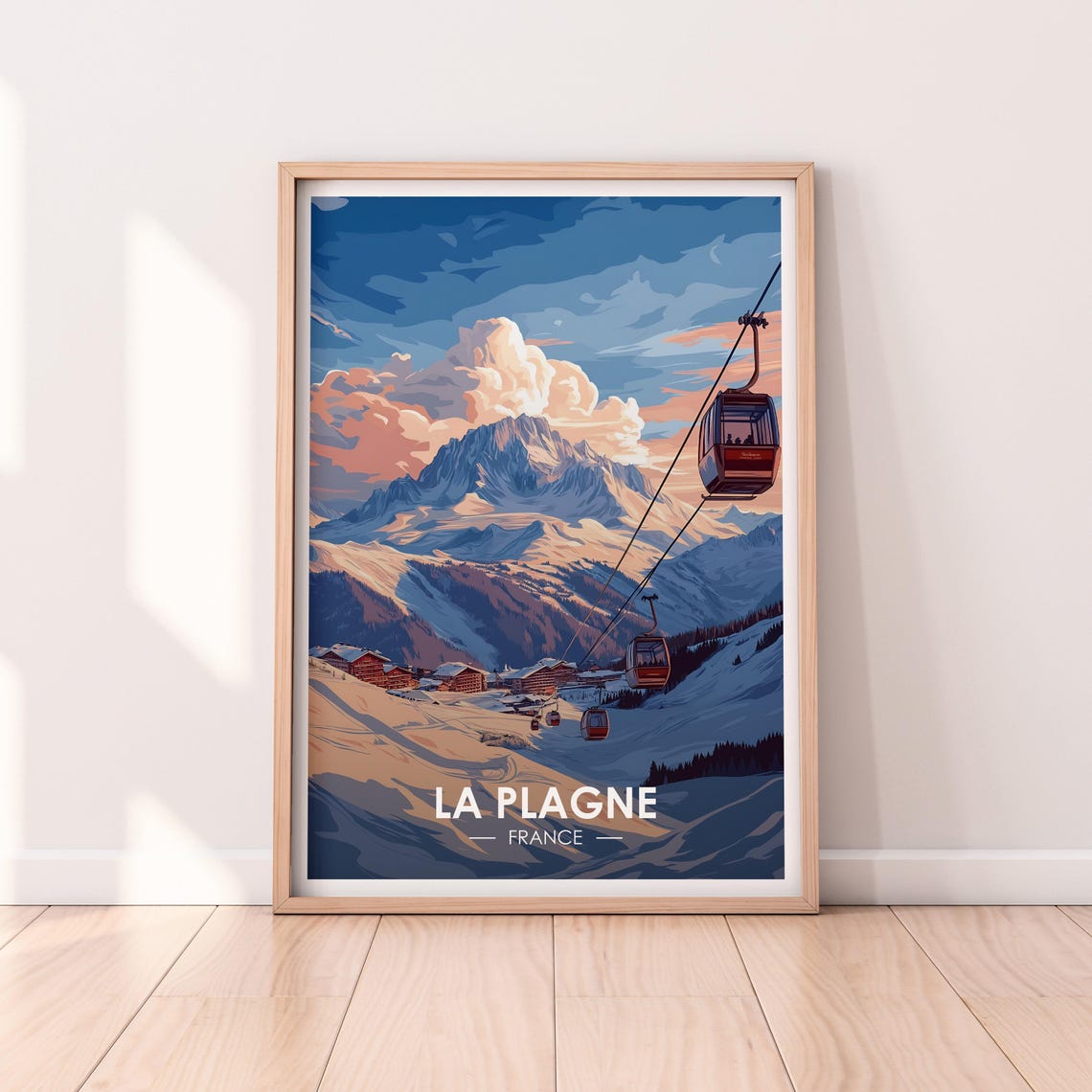 La Plagne France Gondola Sunset Over Alpine Peaks Travel Poster