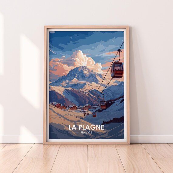 La Plagne France Gondola Sunset Over Alpine Peaks Travel Poster