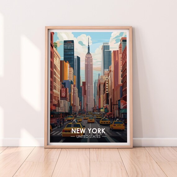 New York City Manhattan Skyline Yellow Taxis Vintage Travel Poster