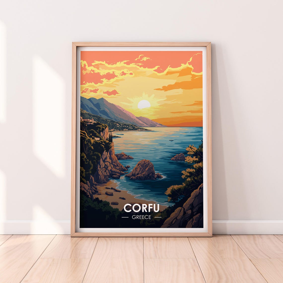 Corfu Greece Sunset Rocky Coastline Sea Vintage Travel Poster