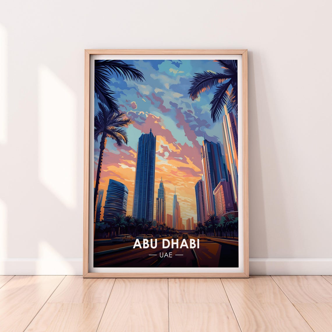 Abu Dhabi UAE Palm Framed Skyline Avenue Sunset Street Poster