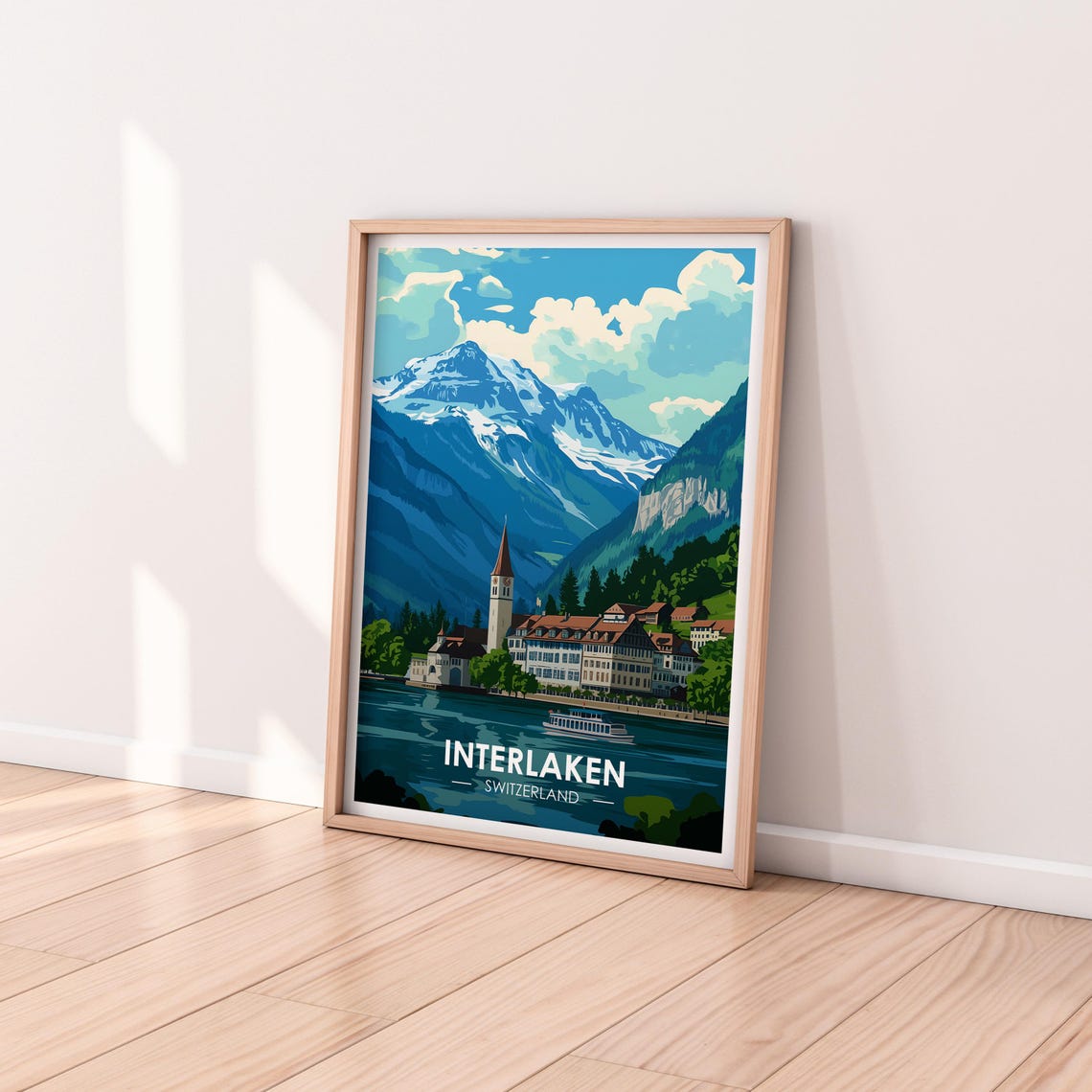 Interlaken Switzerland Lakeside Church Snowy Mountain Travel Poster - Image 2