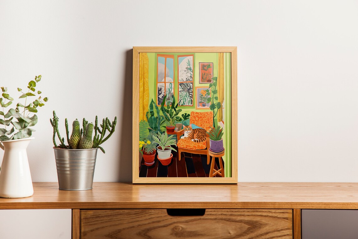 Orange Cat Living Room Boho Plants Poster Print - Image 2