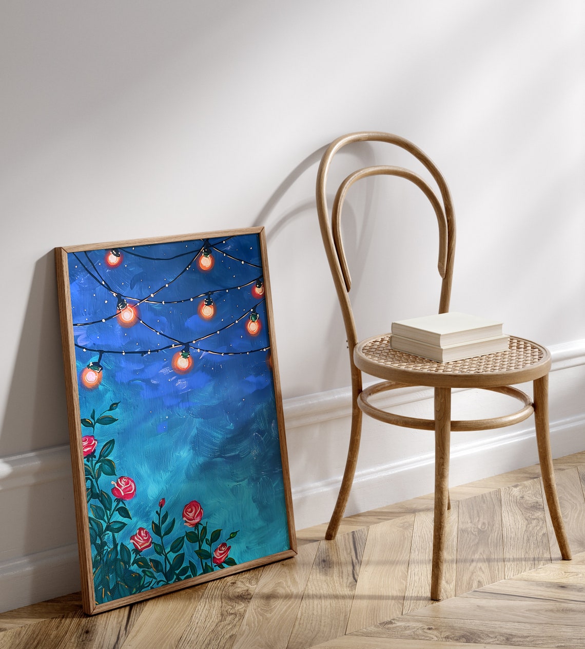 Red Roses Under Starry Night Sky String Lights Garden Poster - Image 3