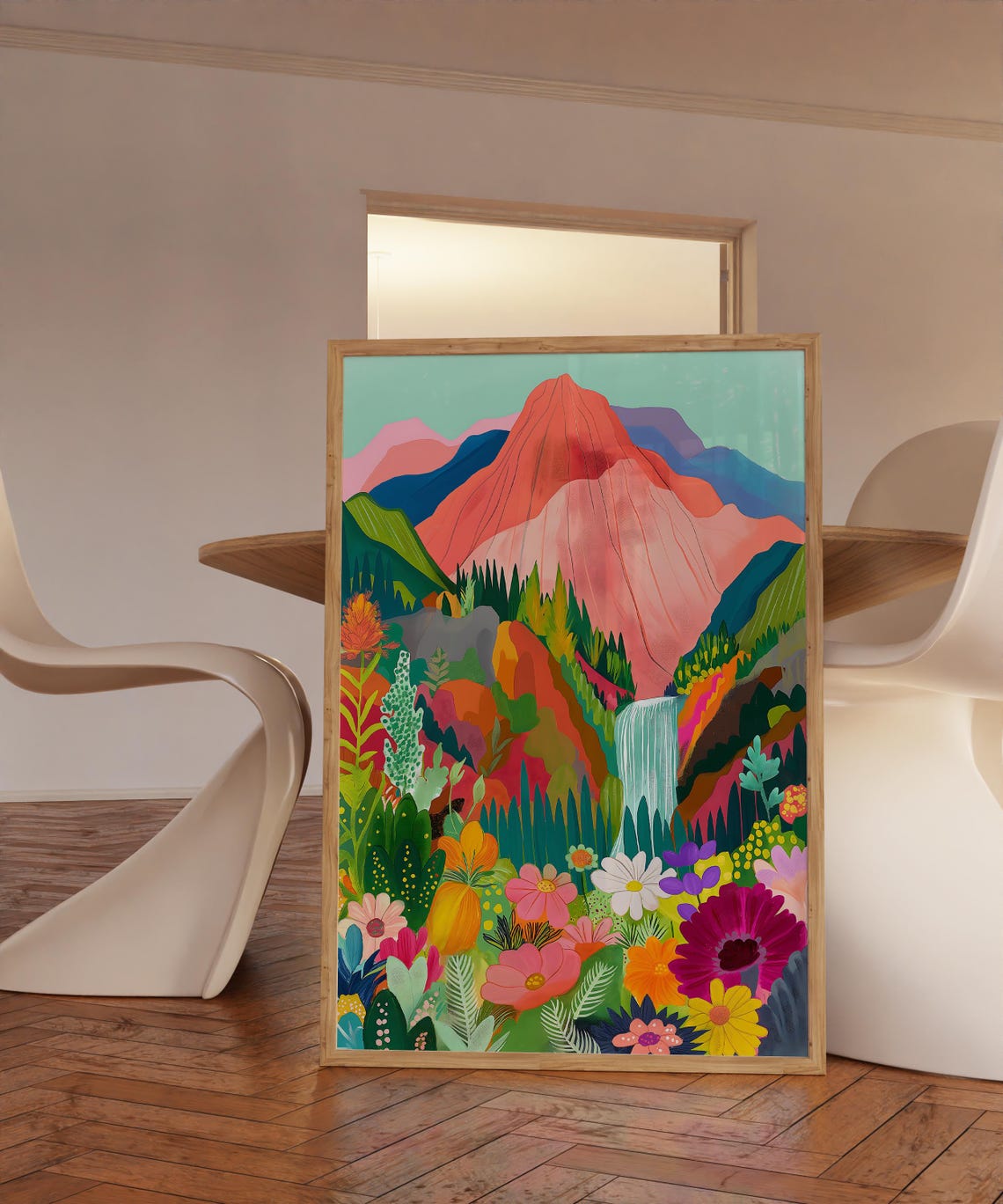 Red Mountain Waterfall Valley Lush Tropical Flowers Art Print - Image 3