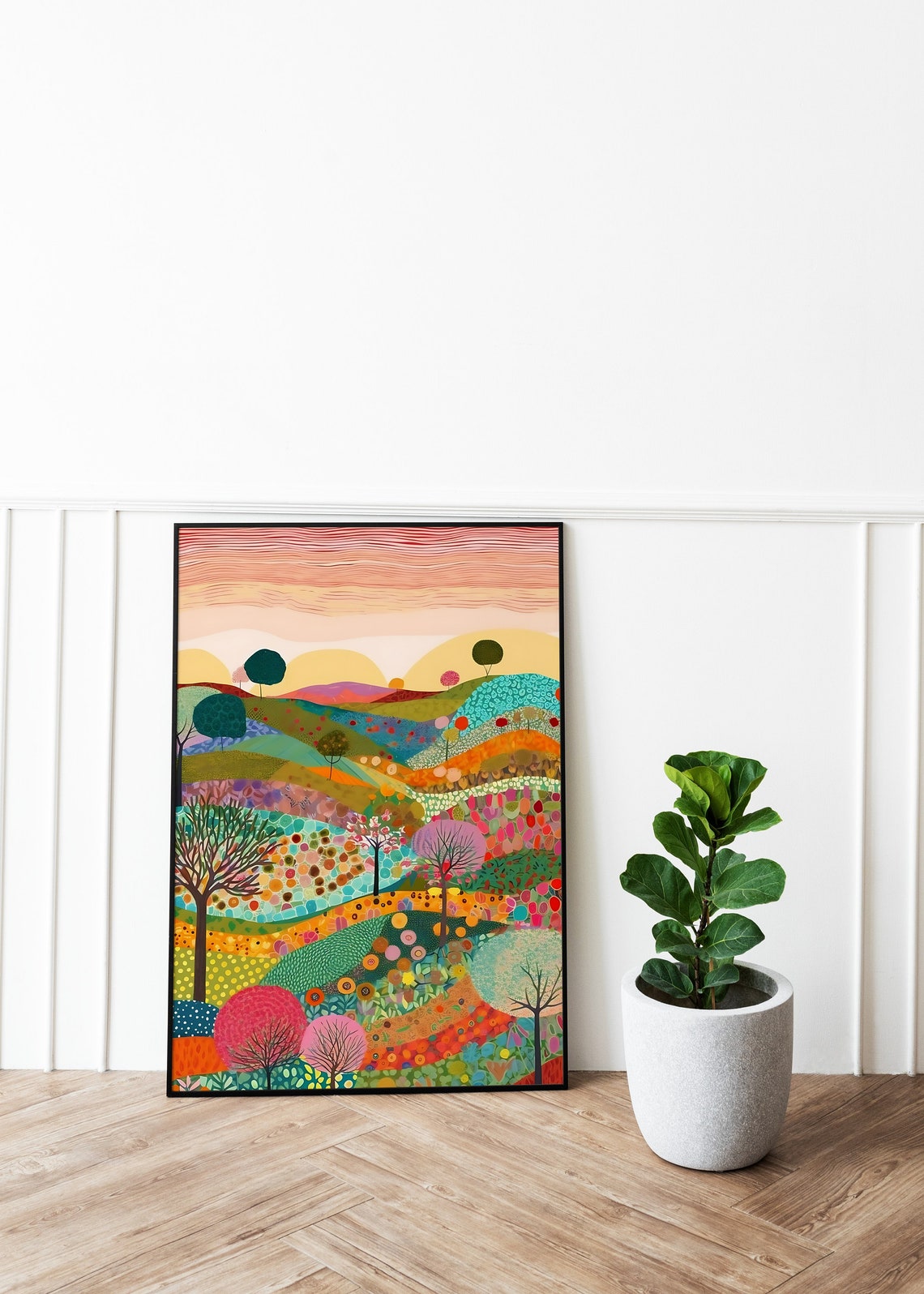 Whimsical Patchwork Rolling Hills Trees Colorful Folk Art Print - Image 2