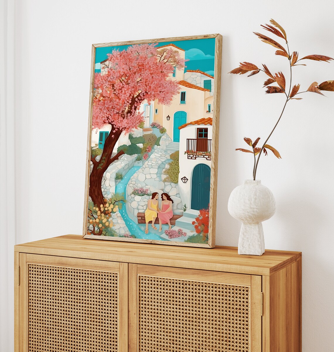 Greek Village Pink Blossom Tree Two Women Chatting Spring Poster - Image 3