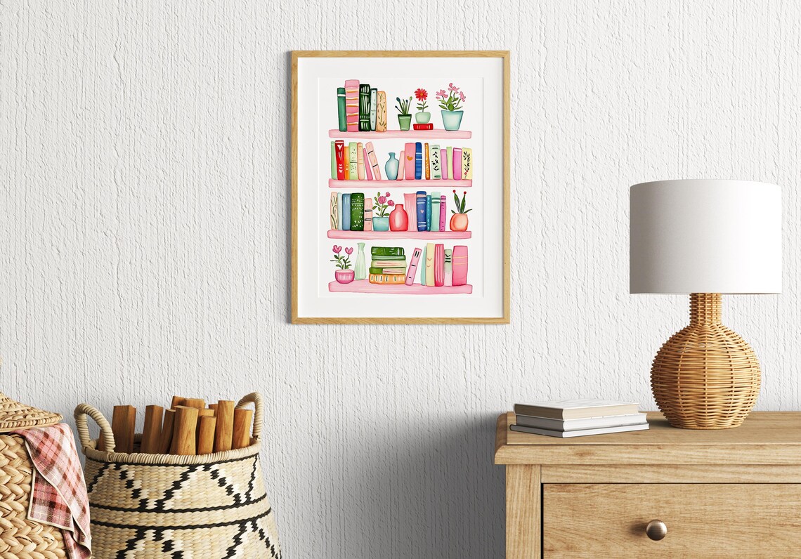 Cozy Watercolor Bookshelf With Colorful Books And Plants Poster - Image 3
