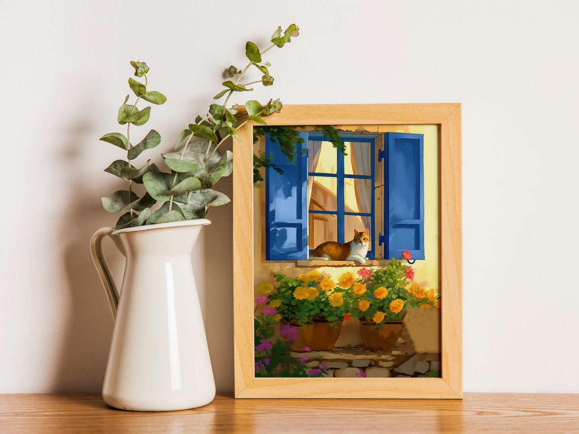 French Cottage Cat Blue Shutters Window Flowers Illustration Print - Image 3