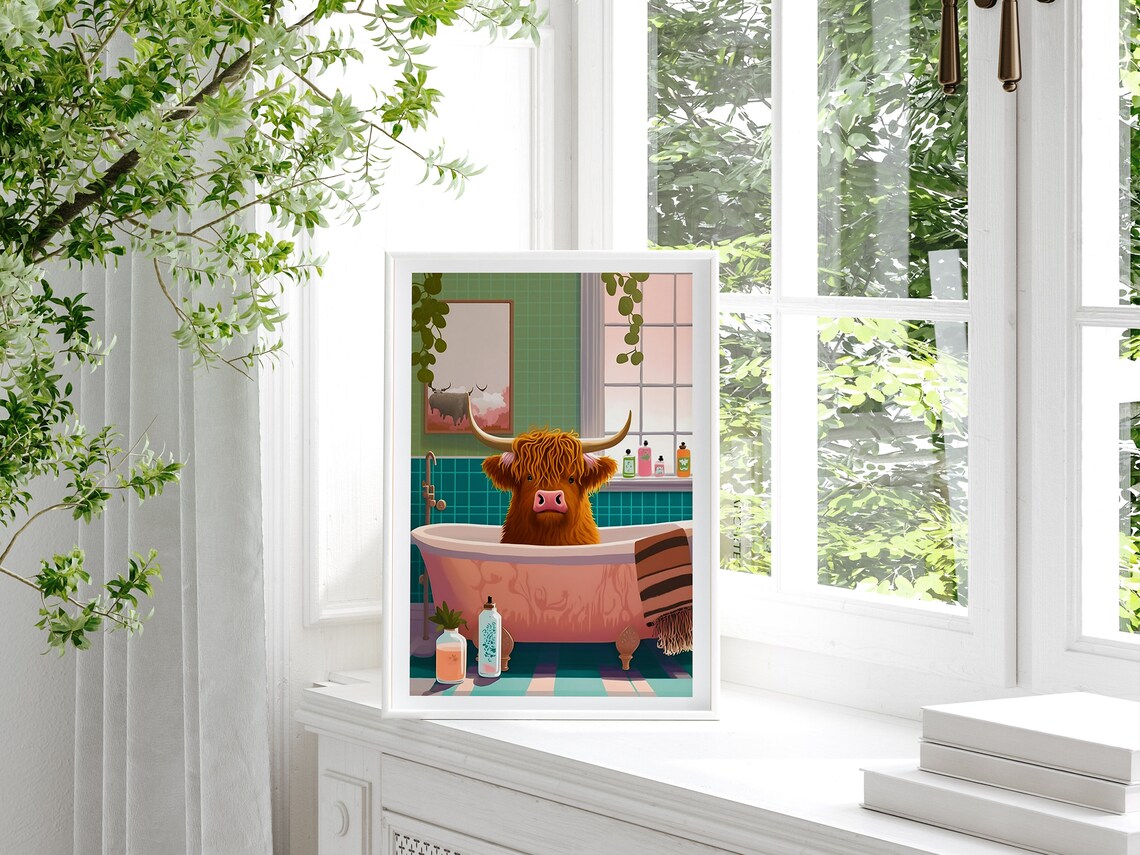 Highland Cow In Bathtub Bathroom Art Print - Image 2