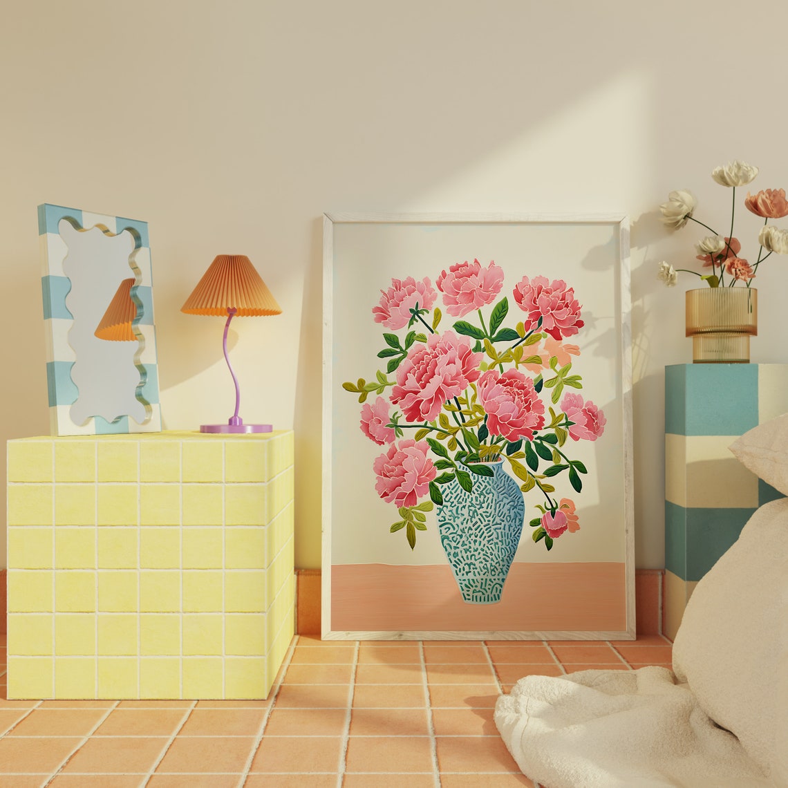 Pink Peonies Bouquet in Blue Patterned Vase Floral Artwork Poster - Image 3