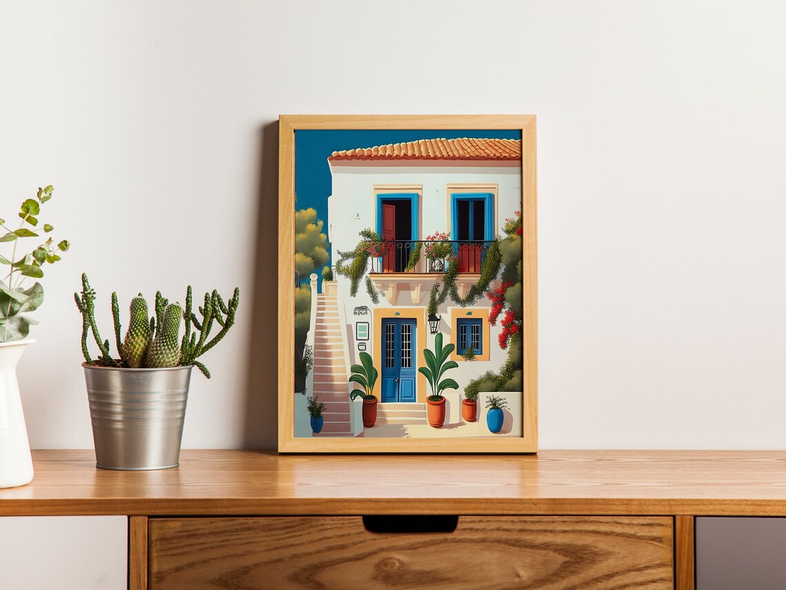 Greek Villa White House Blue Doors Bougainvillea Terrace Print - Image 2