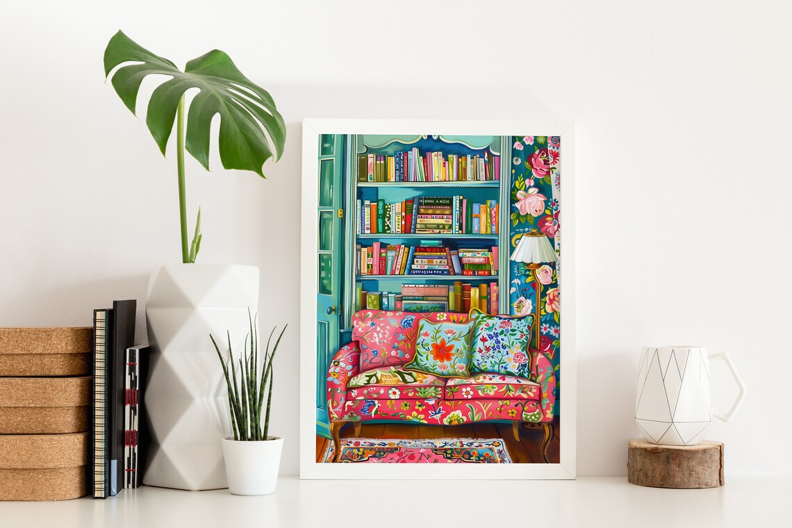 Cosy Bookshelf Illustration, Bookworm Reading Nook Print - Image 2