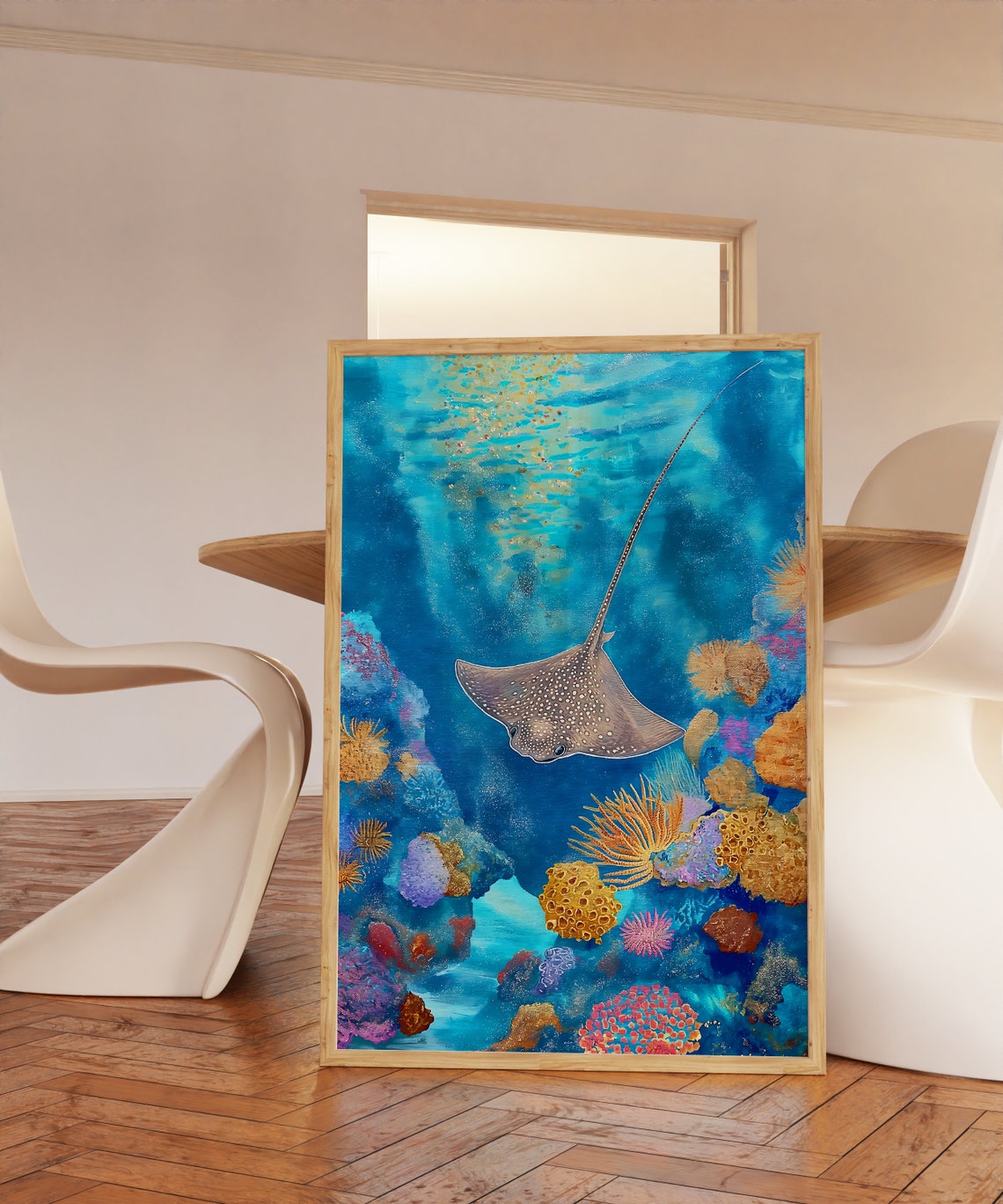 Spotted Eagle Ray Gliding Over A Vibrant Coral Reef Scene Poster - Image 3