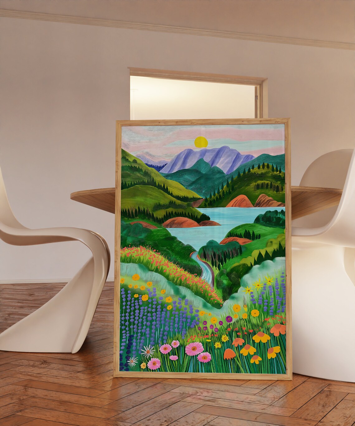 Alpine Flower Valley Sunrise Mountain Lake Lavender Meadow Print - Image 3