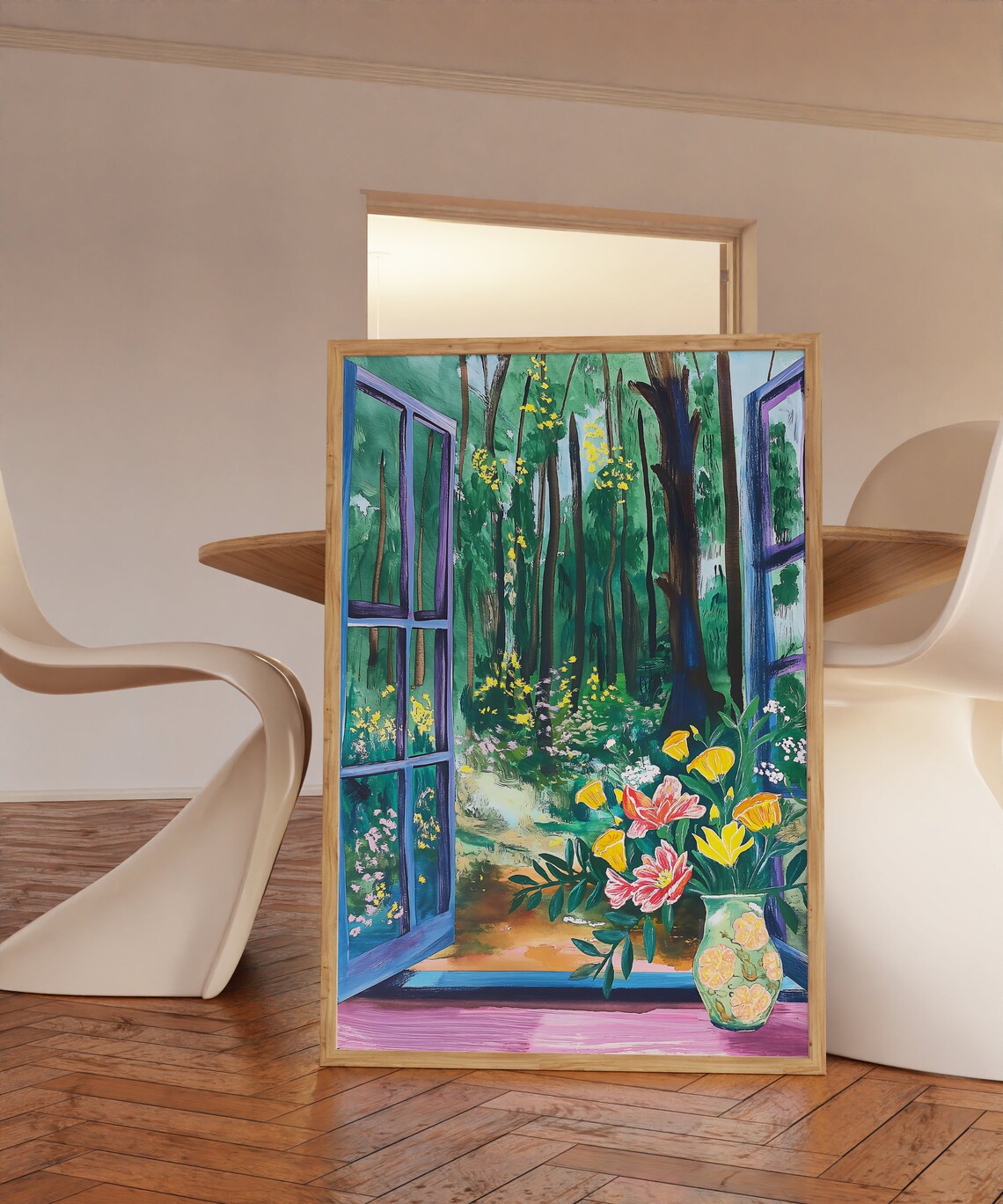Colorful Forest Garden Painting Print With Open Window And Flowers - Image 3