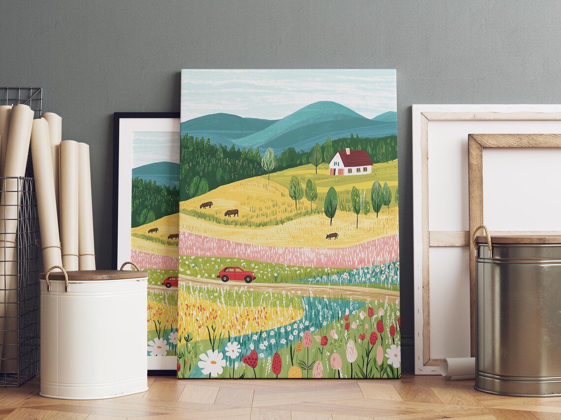 Whimsical Farmhouse Countryside Hills Cows Wildflower Wall Art