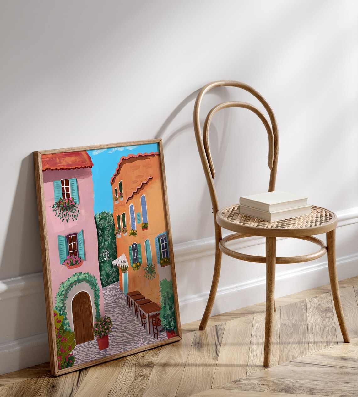 Italian Village Street Pink Buildings Pizza Cafe Scene Art Poster - Image 2