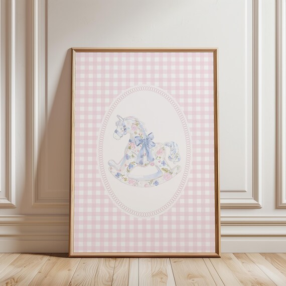 Floral Rocking Horse With Blue Bow Nursery Print Pink Gingham