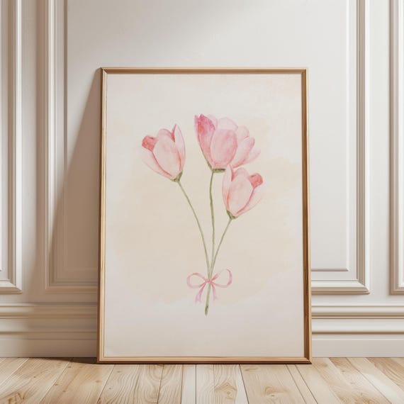 Coquette Room Decor Tulips Bouquet Pink Girly Art Y2k Cute Blush Bow Wall Flowers