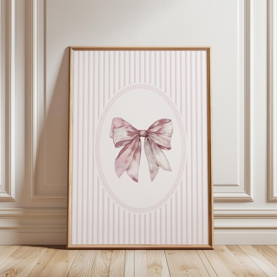 Dusty Pink Ribbon Bow Oval Striped Coquette Nursery Art Print