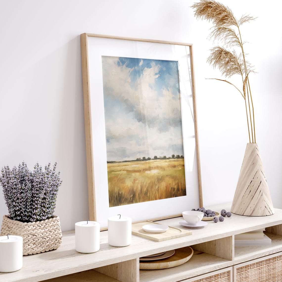 Golden Meadow Beneath a Vast Dramatic Cloudy Sky Painting Poster - Image 3