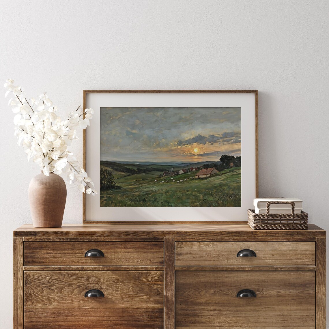 Rolling Hills at Sunset Sheep Cottages Countryside Art Poster - Image 2
