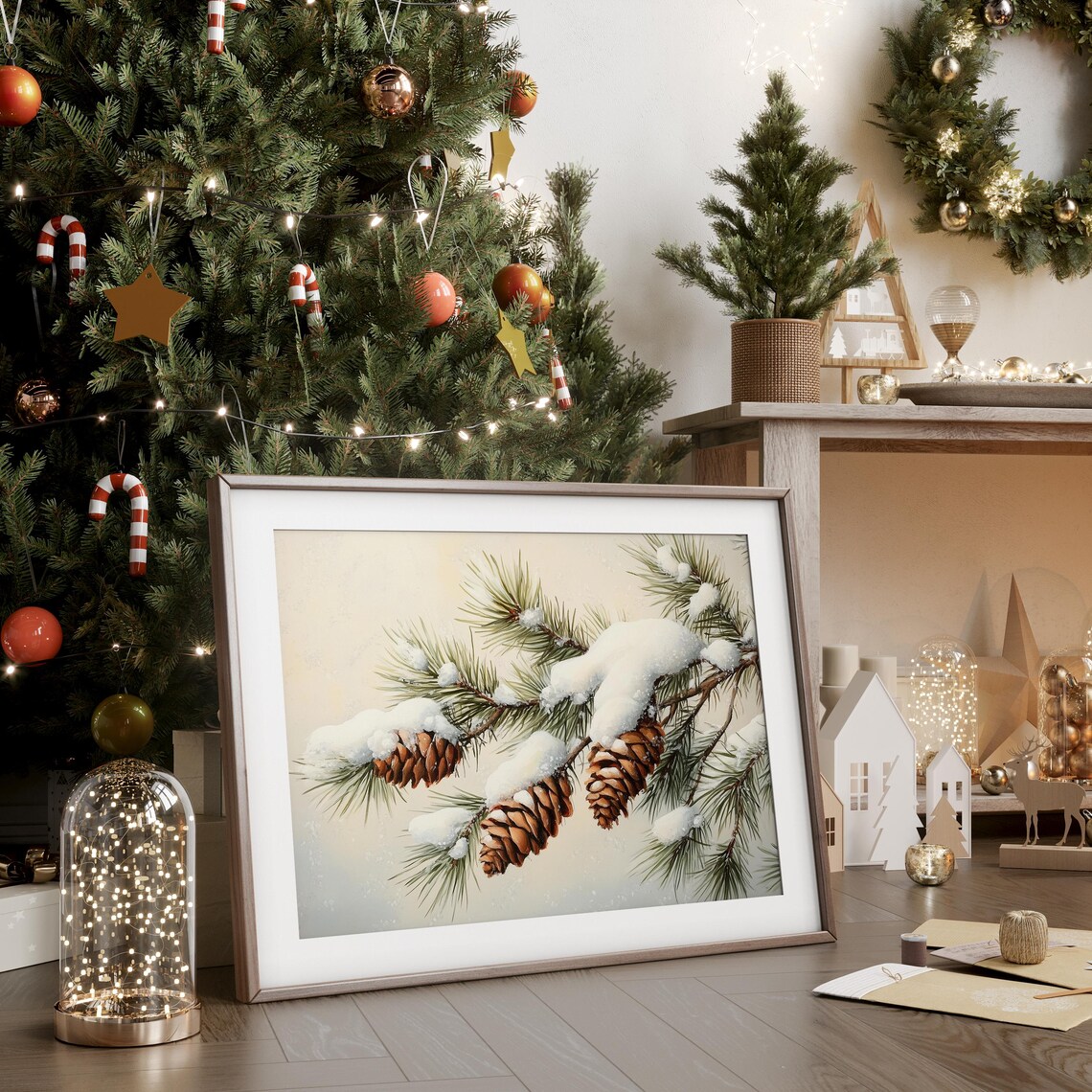 Snow-Covered Pine Branches with Pine Cones Winter Painting Poster - Image 4