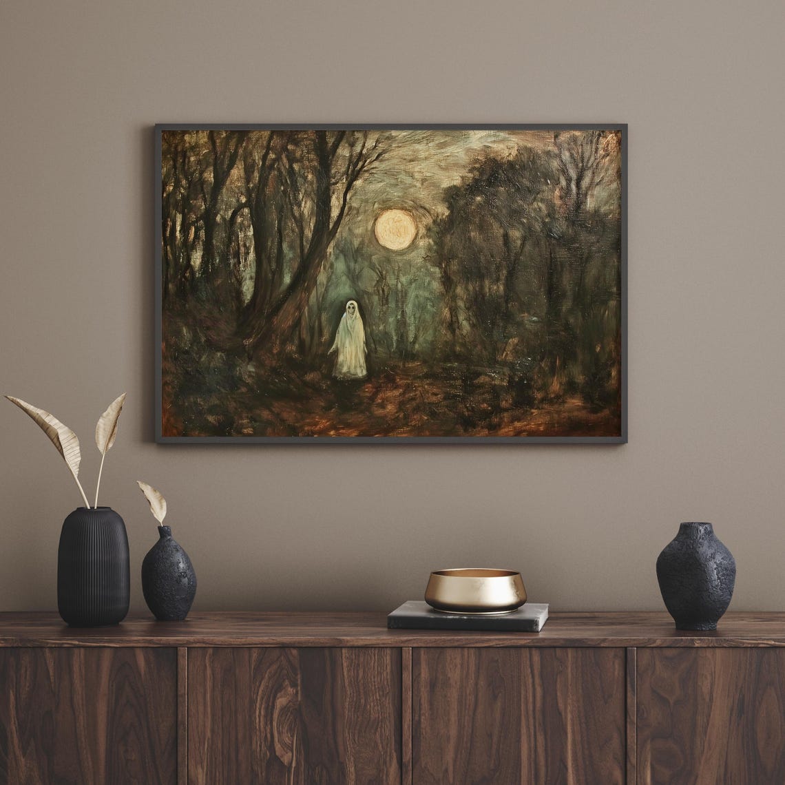 Pale Ghost in a Dark Forest Under a Glowing Full Moon Poster - Image 4