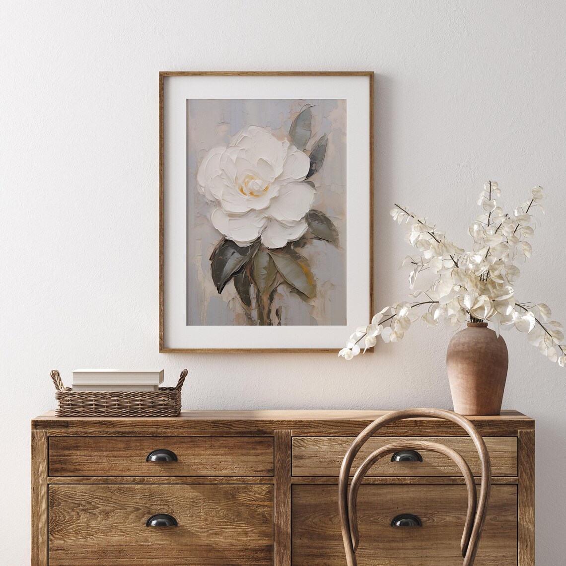White Camellia Flower in Textured Impasto Botanical Oil Poster - Image 2