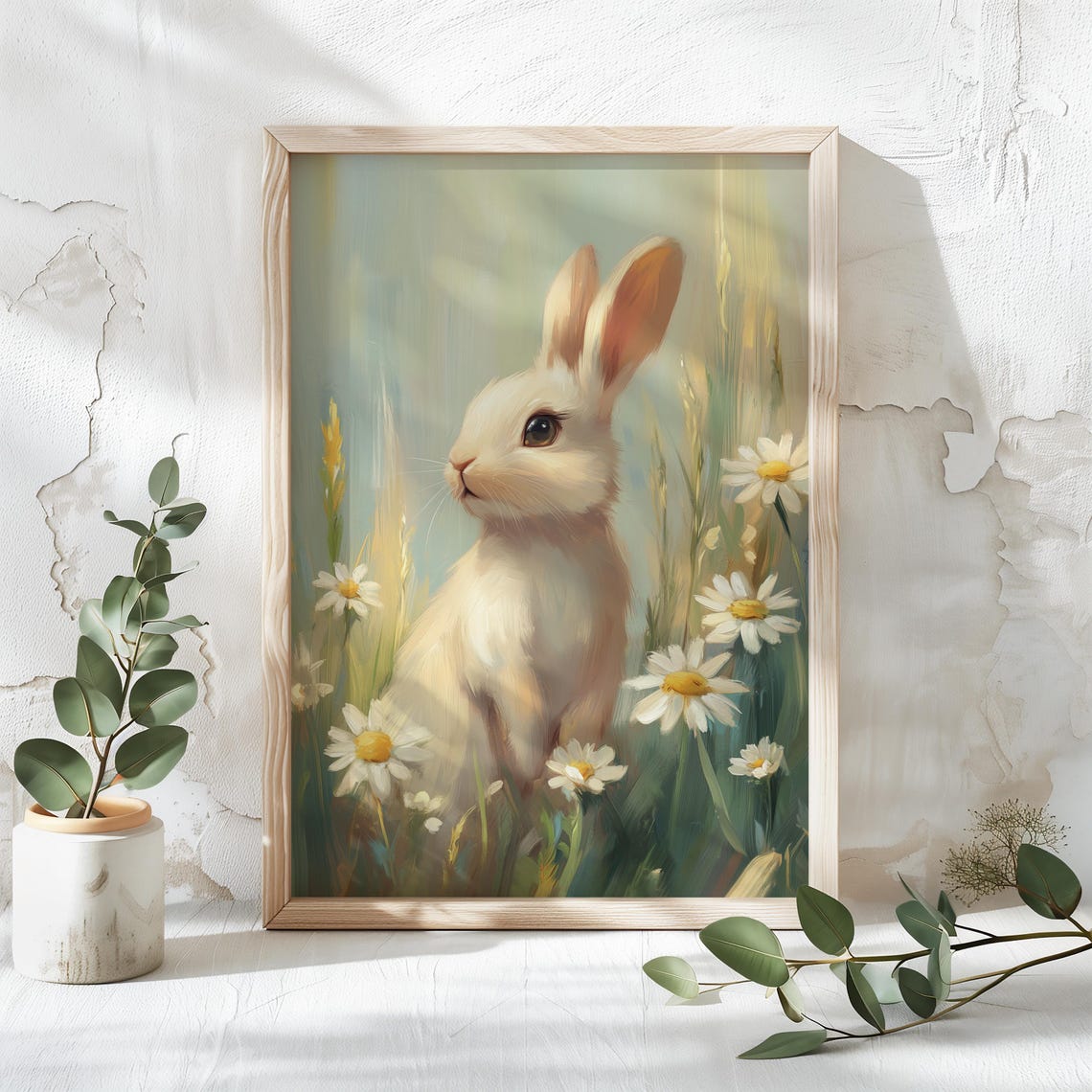 White Bunny Standing Tall Among Daisies In A Spring Meadow Poster - Image 4