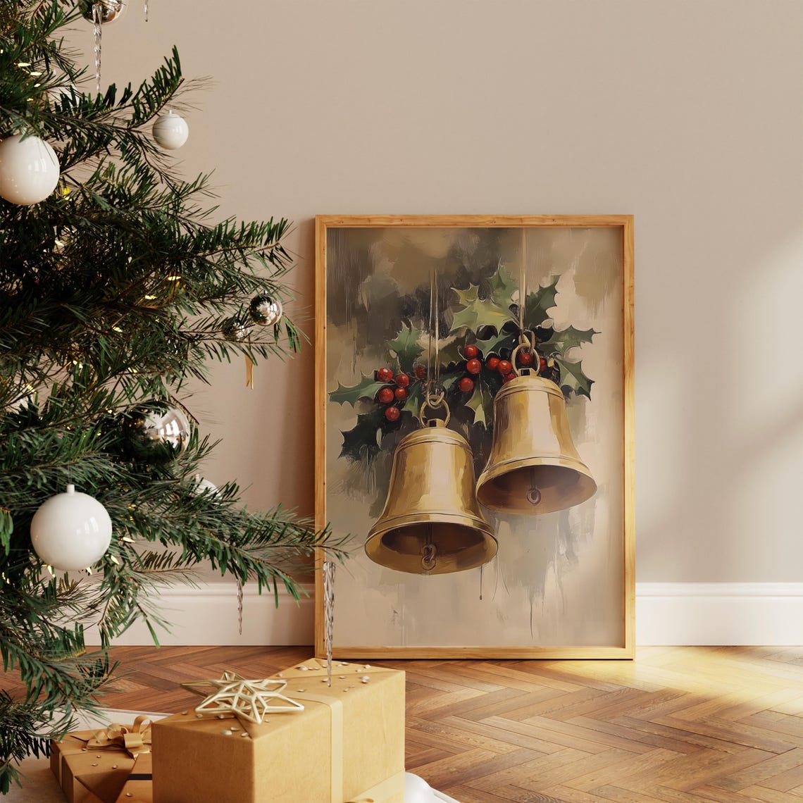 Brass Christmas Bells with Holly Berries Vintage Holiday Poster - Image 3