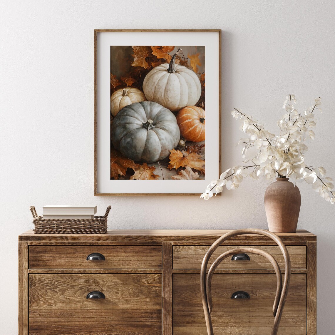 Harvest Pumpkin Still Life with Autumn Leaves in Warm Tones Poster - Image 3