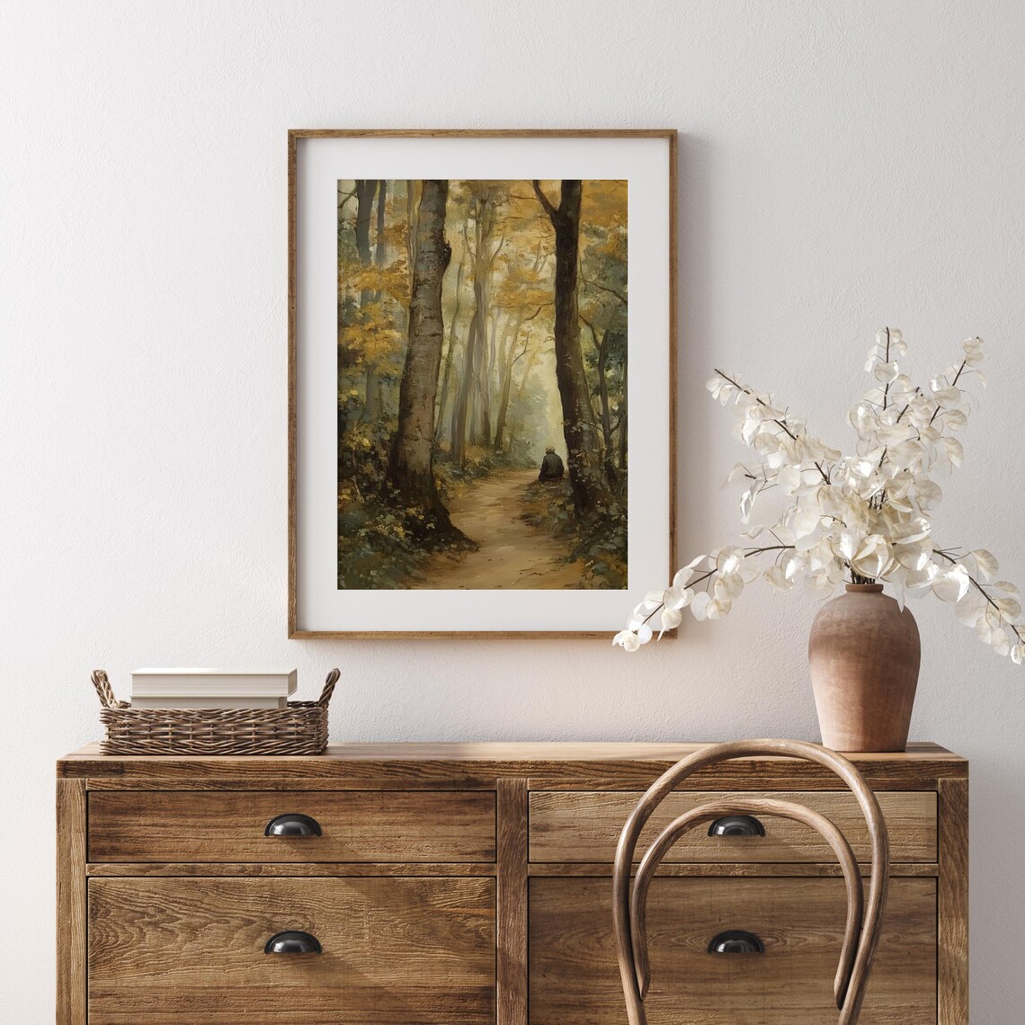 Misty Autumn Forest Path with a Lone Traveler Figure Resting Poster - Image 2