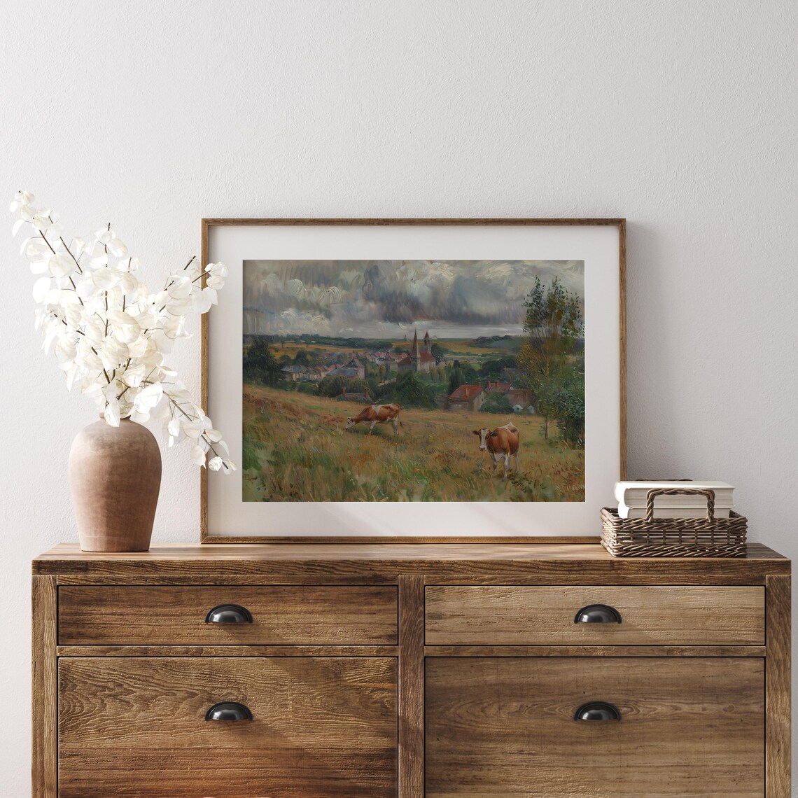 Cows Overlooking European Village Vintage Pastoral Art Poster - Image 4