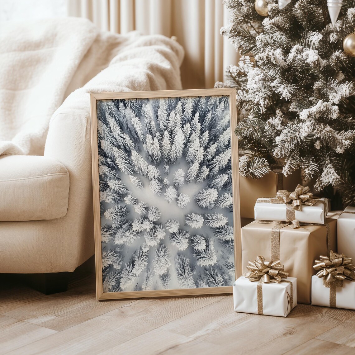 Aerial View of a Snow Covered Evergreen Forest Winter Poster - Image 4
