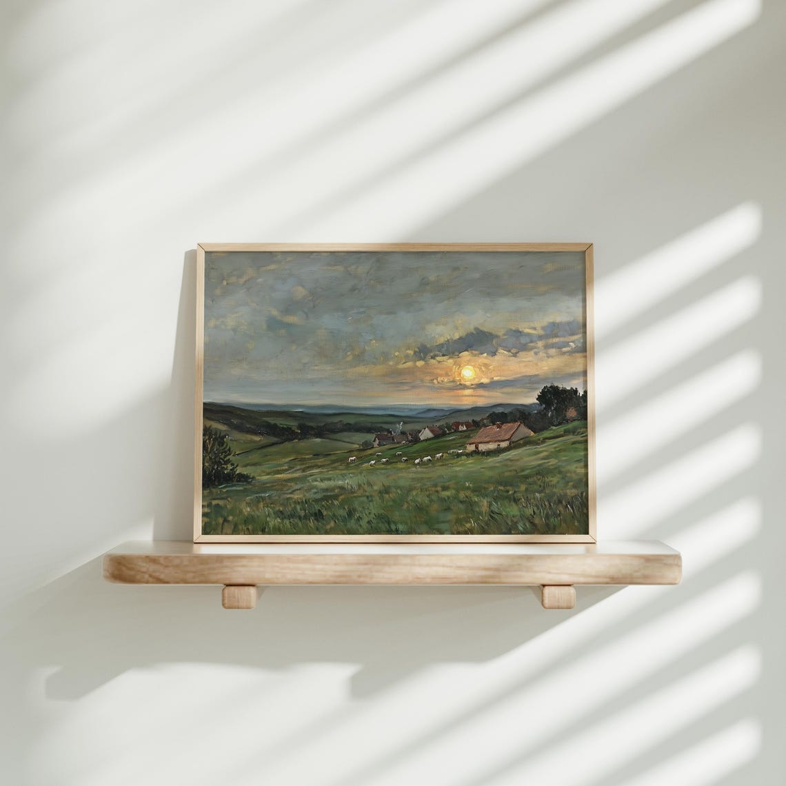 Rolling Hills at Sunset Sheep Cottages Countryside Art Poster - Image 3