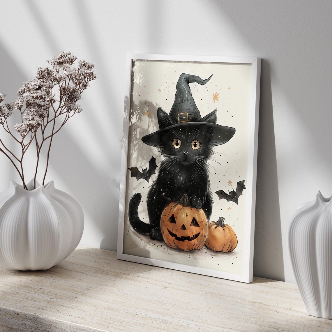 Cute Black Cat In A Witch Hat With Pumpkins And Bats Spooky Poster - Image 2