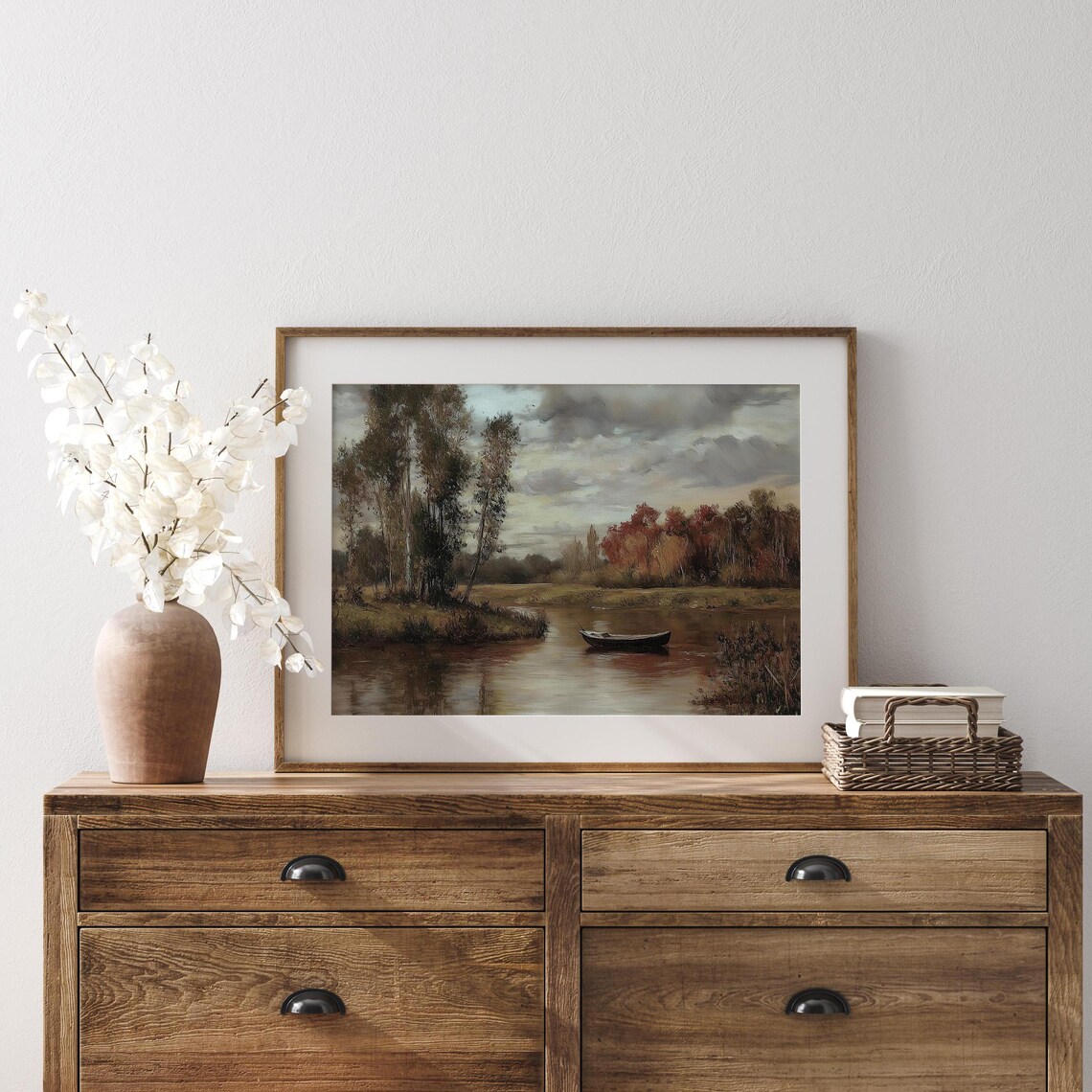 Lone Canoe Floating on a Calm Autumn Lake Beneath Tall Trees Poster - Image 3