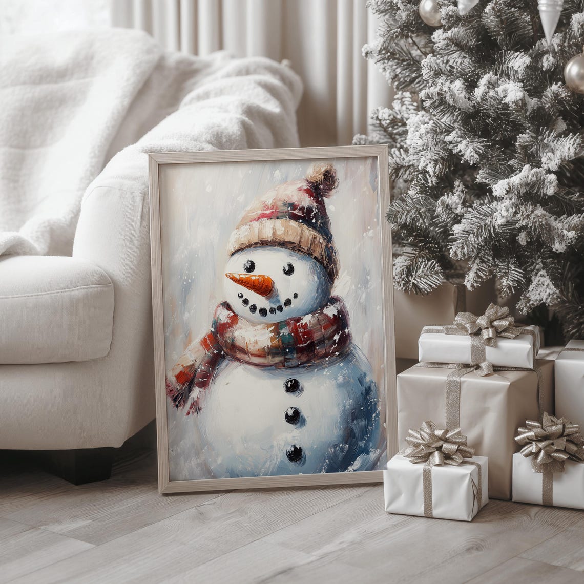 Smiling Snowman with Knit Hat and Plaid Scarf Winter Art Poster - Image 3