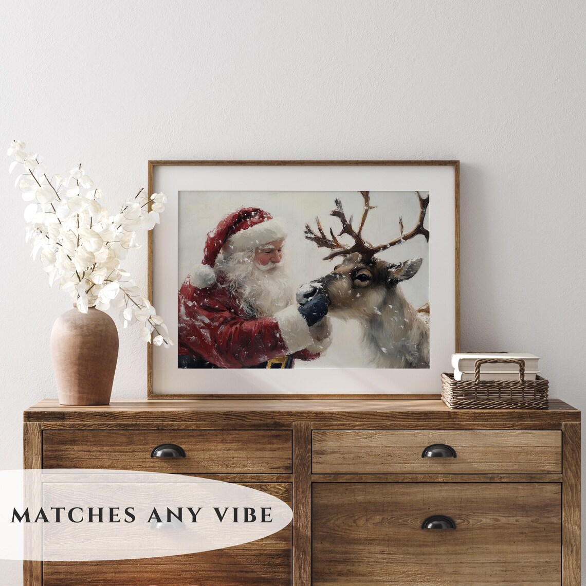 Santa Claus Petting Reindeer Nose in Snowfall Vintage Poster - Image 2