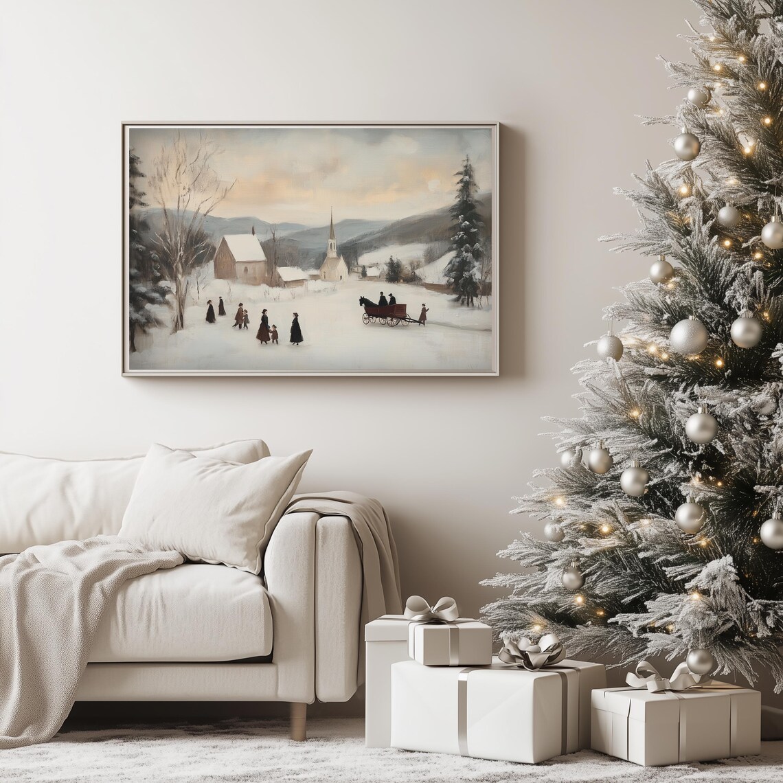 Vintage Winter Village Church Horse Sleigh Snowy Scene Poster - Image 4