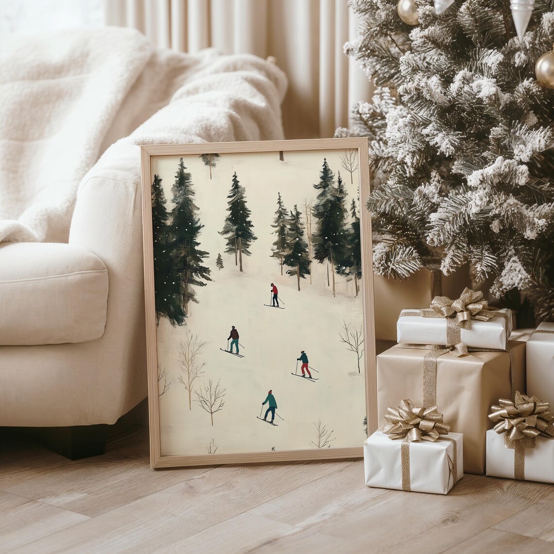 Four Skiers Gliding Snowy Forest Slope Minimal Winter Poster - Image 2